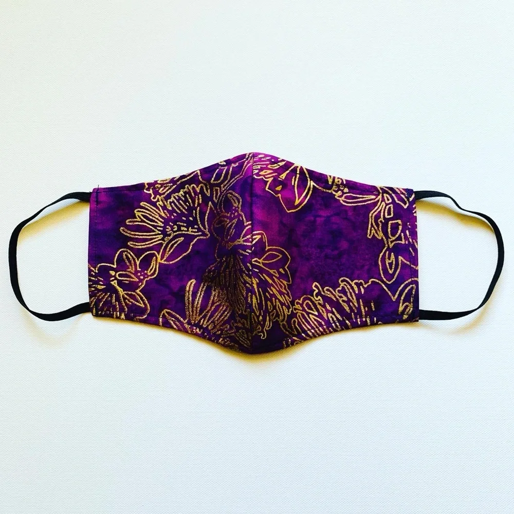 NEW Handmade Batik Golden Lehua Purple Print Face Mask